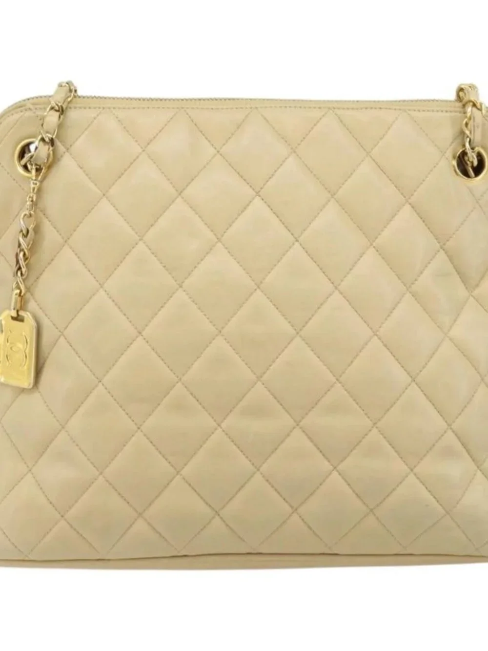 CHANEL Matelasse Chain Shoulder Tote Bag Lamb Skin Beige Gold CC Auth ARZ444